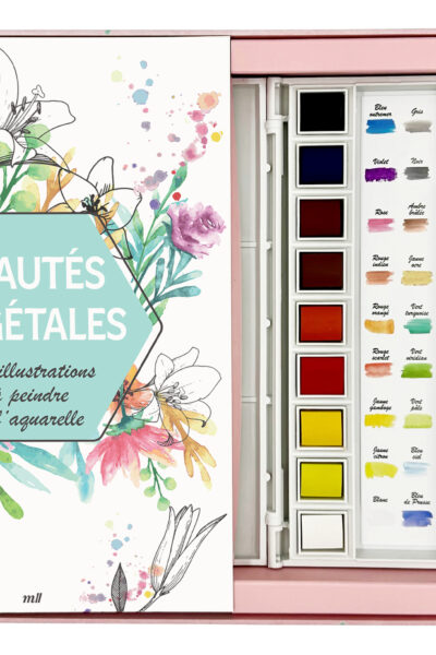 COFFRET AQUARELLE - BEAUTES VEGETALES - 30 ILLUSTRATIONS A PEINDRE - UN CARNET AVEC DES FEUILLES DET