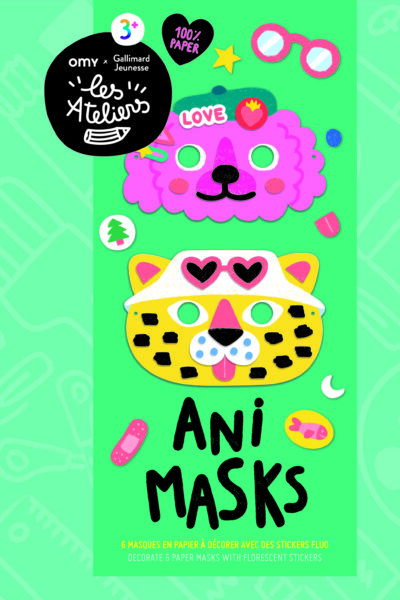 ANI MASKS - 6 MASQUES EN PAPIER A DECORER AVEC DES STICKERS FLUO
